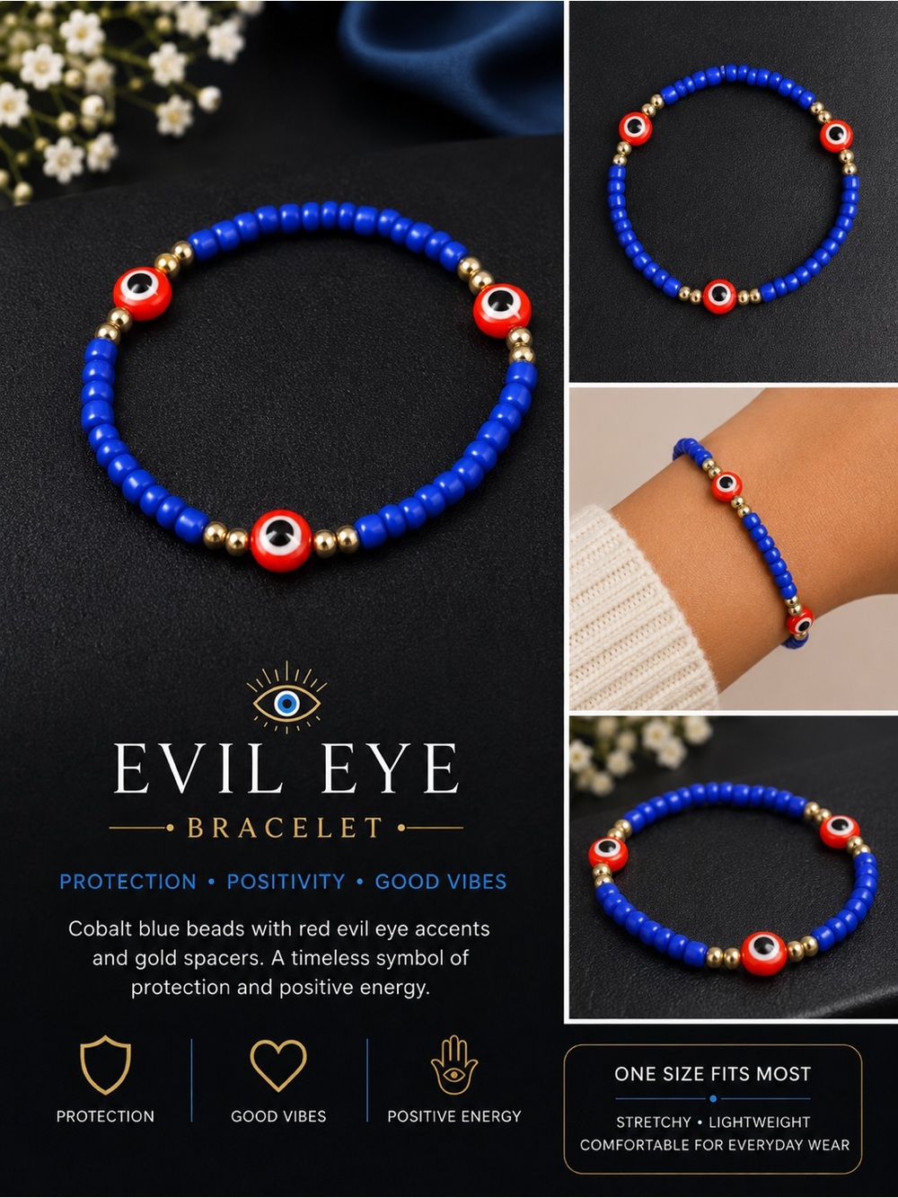 Evil Eye Beaded Bracelet - Cobalt Blue with Red Accents #63